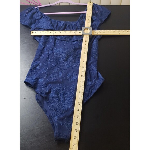 Band of Gypsies Bodysuit L Navy Blue Floral Off Shoulder Whimsigoth Ethereal - Picture 7 of 9